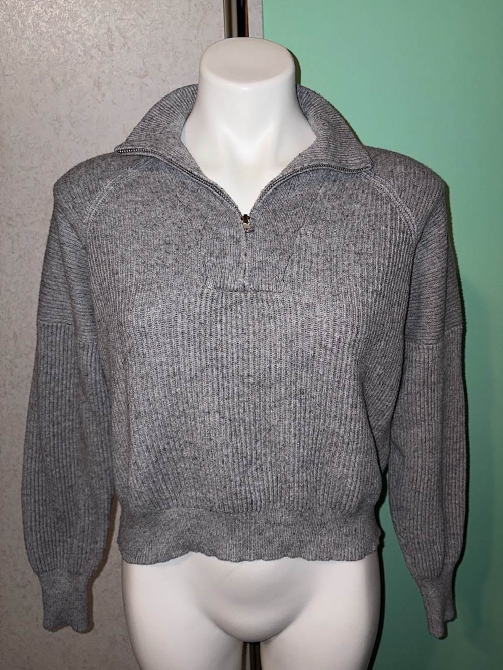 LUSH Quarter Zip Gray Ribbed Sweater